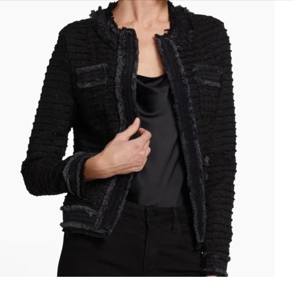 L'AGENCE Agnes Tweed Jacket in Black Wash, Size Small, Made in USA, Denim Fringe - Picture 11 of 12